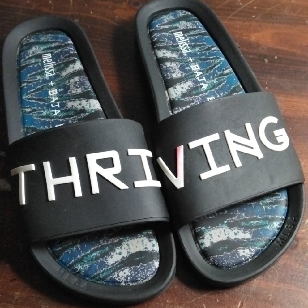 Melissa Beach Slides + Baja East Bold Text Defect